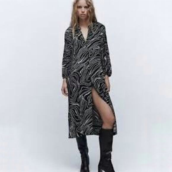 Zara Women's Printed Button Front Midi Dress Black White Size XL - Picture 1 of 8